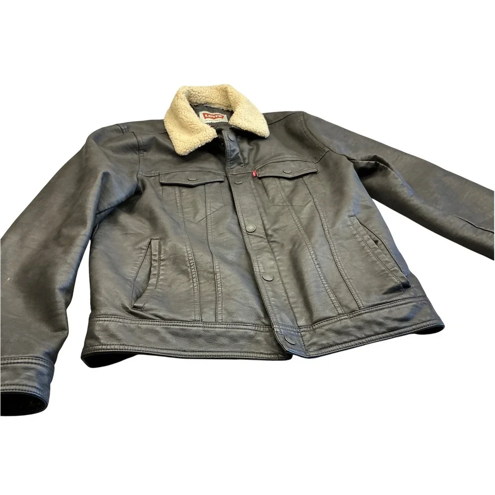 Levi's Faux Leather Trucker Jacket Sherpa Collar Brown Mens Size S Trucker Style